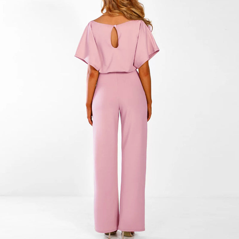 Dames Jumpsuit met Brede Pijpen - Korte Mouwen en Riem