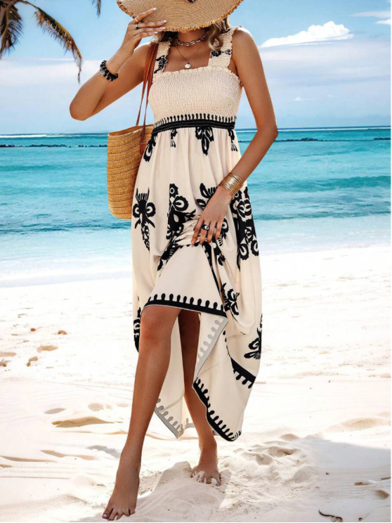 Dames maxi-jurk met gesmokt lijfje