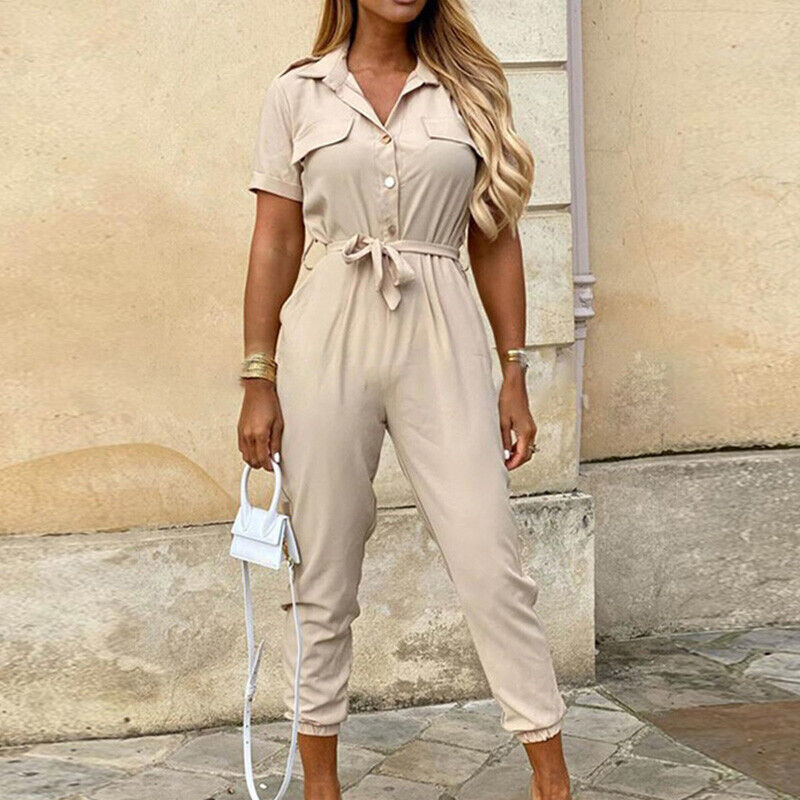 Damesjumpsuit met korte mouwen en riem
