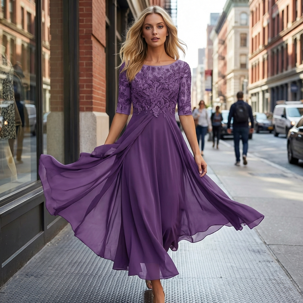 Elegante midi-jurk met kantdetail en soepelvallende rok voor feestelijke gelegenheden