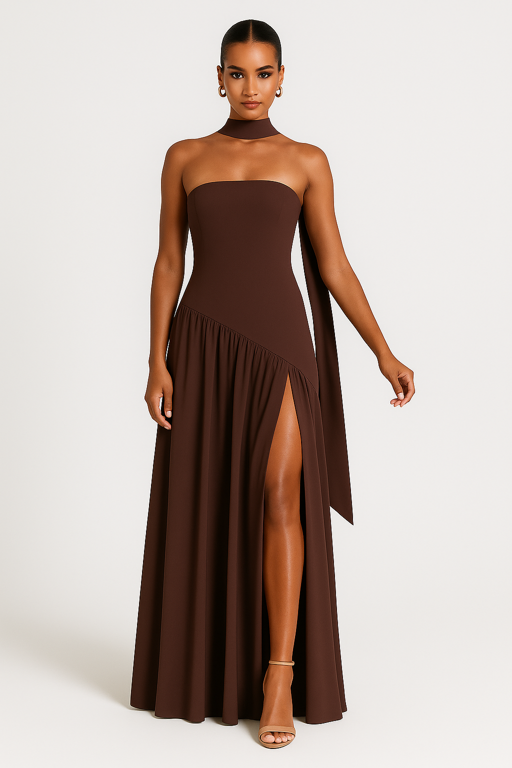 Elegante strapless jurk met hoge split