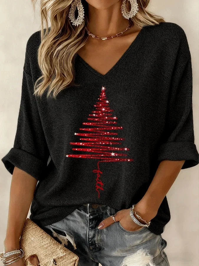 Gebreide kerstblouse met print en V-hals