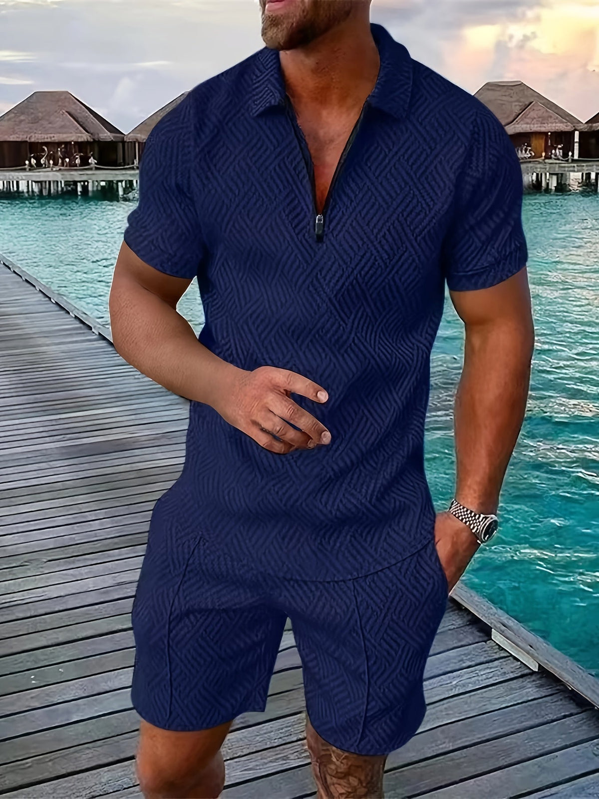 Gestructureerde herenset van poloshirt met korte rits en shorts