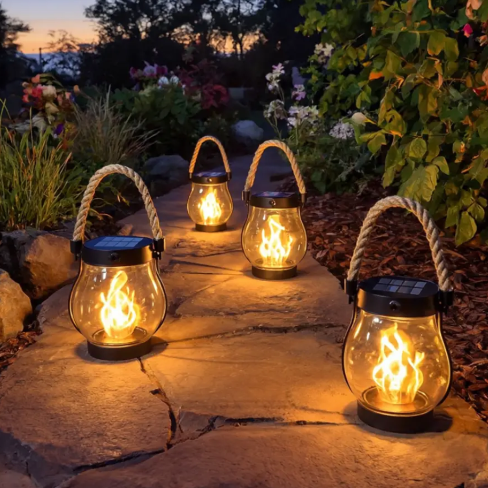 Hangende solarlantaarn met vlameffect – waterdichte tuinverlichting voor buiten