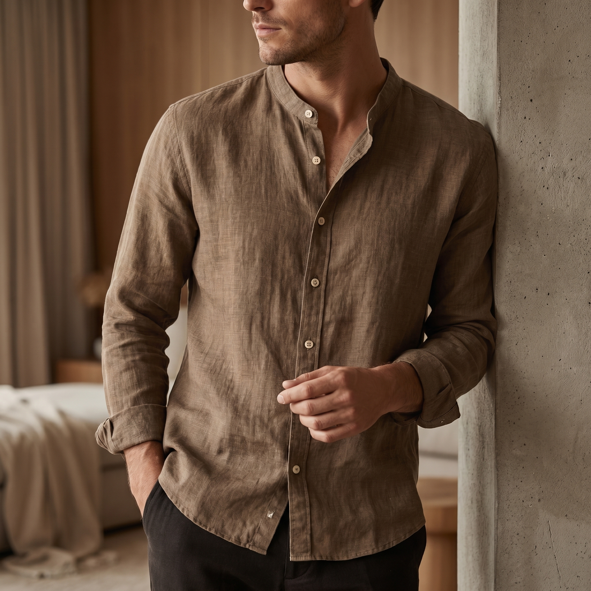 Linnen overhemd voor heren - Slim fit met Henleykraag - Casual zomershirt