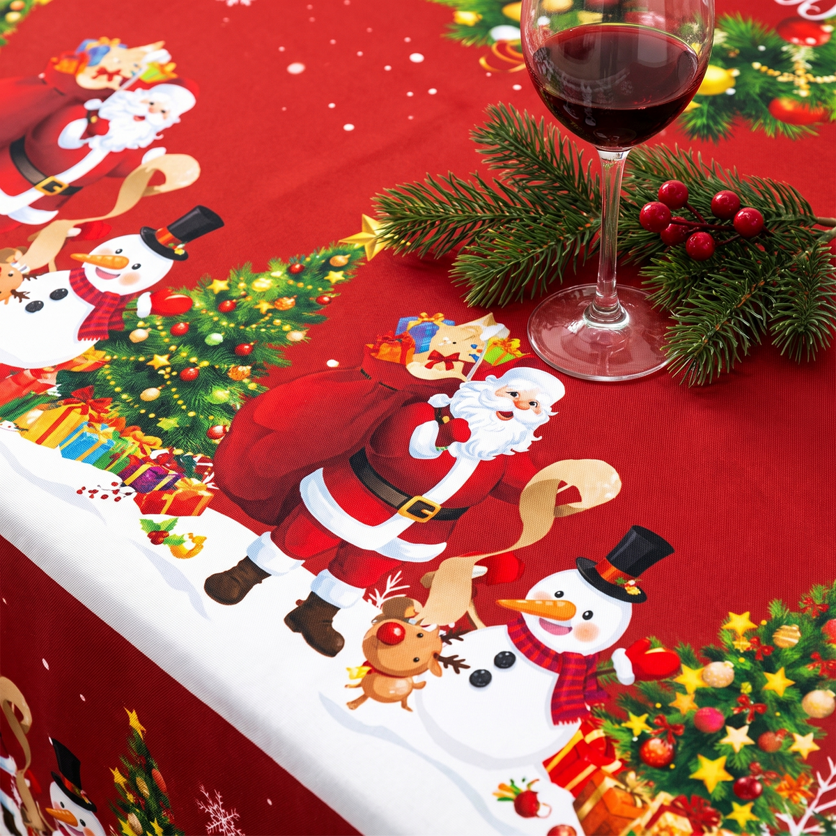 Rood kersttafelkleed met kerstman, sneeuwpop en kerstkrans