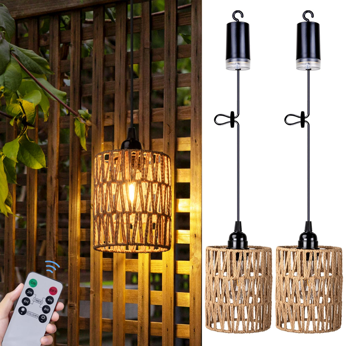 Rotan hanglamp op batterijen (4×AA) met warmwitte gloeilamp, hanglamp voor binnen en buiten, voor prieel, pergola, terras en veranda