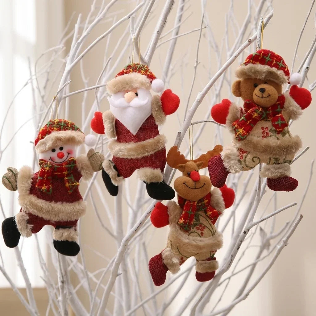 4-delige Set pluche kersthangers met jute lijfjes, imitatiebont en flanellen sjaals