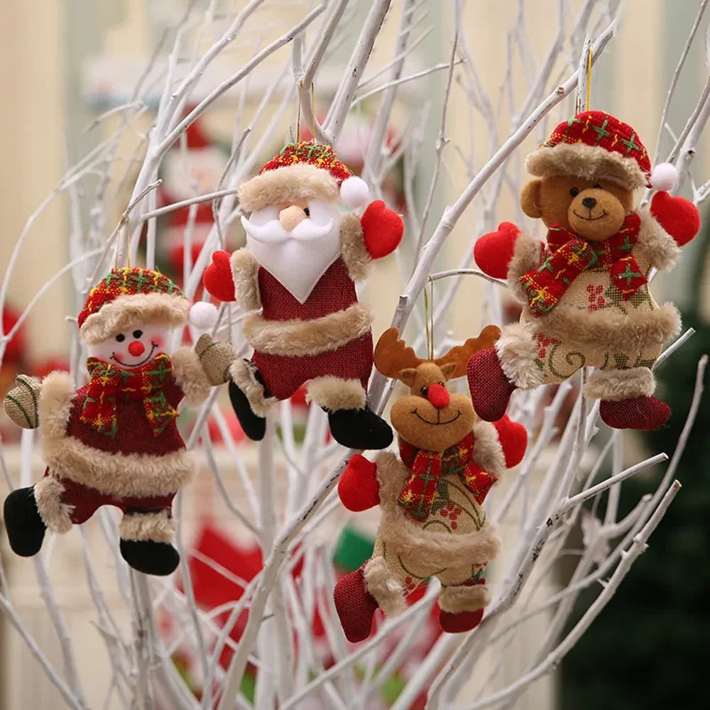 4-delige Set pluche kersthangers met jute lijfjes, imitatiebont en flanellen sjaals