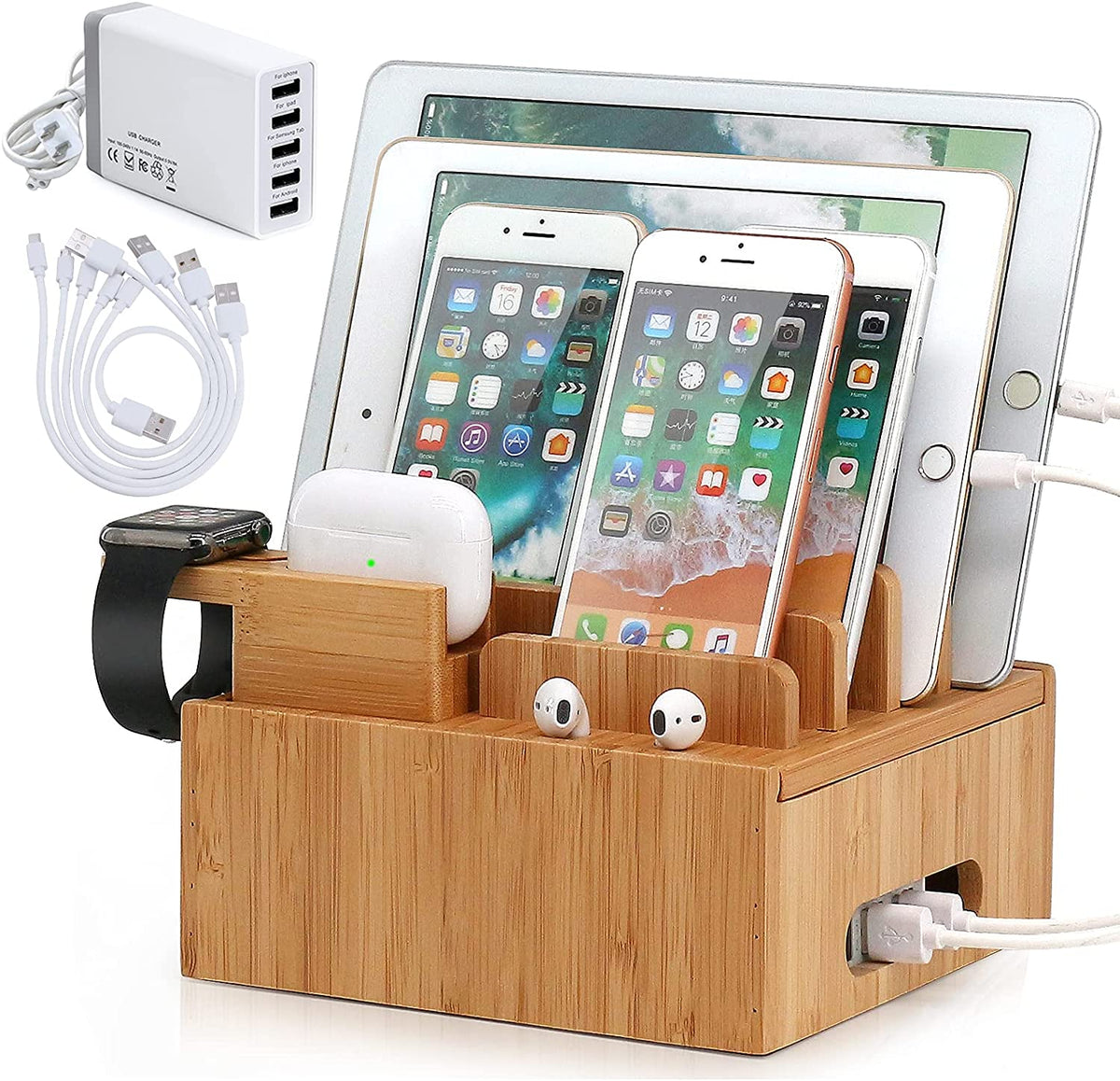 Bamboe Oplaadstation | 5-Poorts USB & Organizer | Voor Smartphone, Tablet & Smartwatch | Inclusief Kabelset