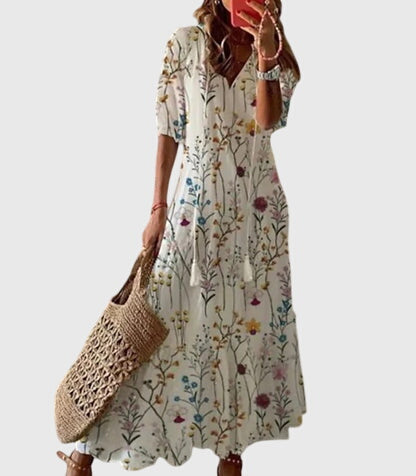 Bedrukte dames maxi-jurk met V-hals