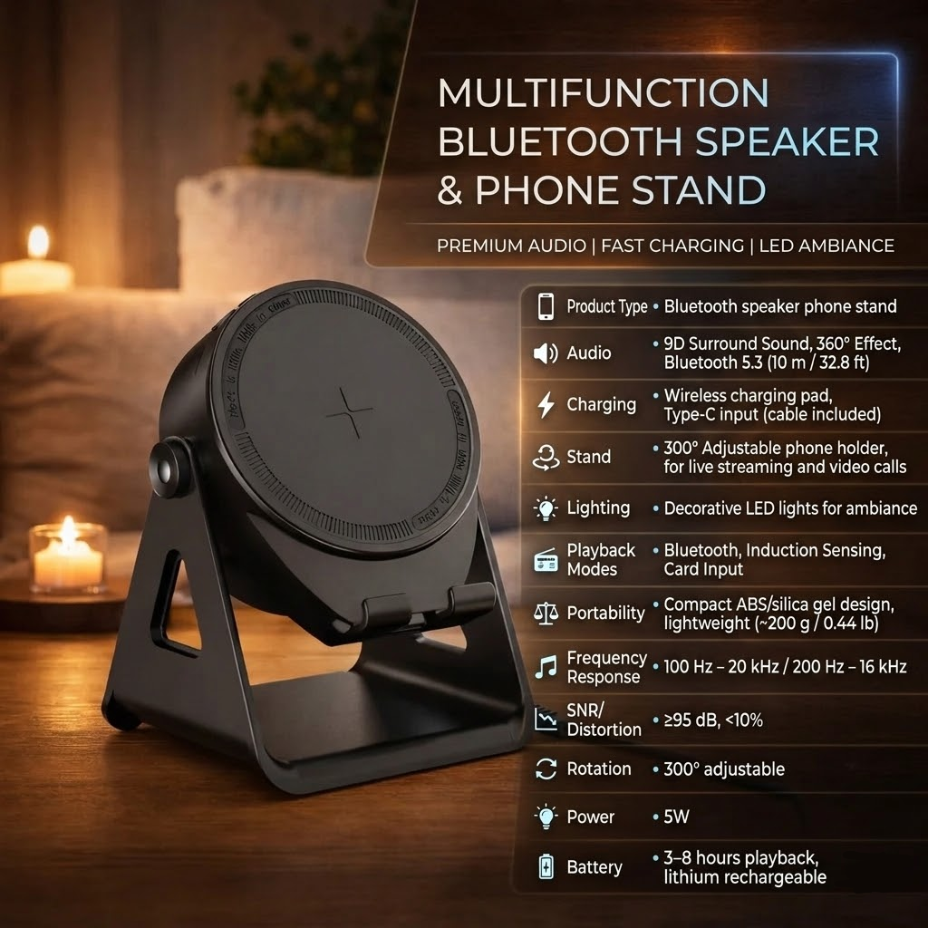 Bluetooth Speaker en Telefoonhouder met Inductief Draadloos Opladen