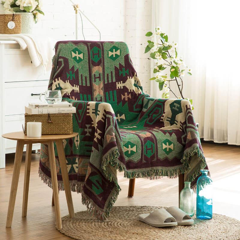 Bohemian gebreid bankplaid met franjes