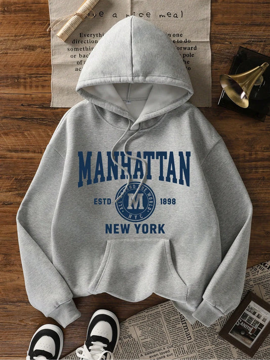 Casual hoodie voor dames met letteropdruk – blauw
