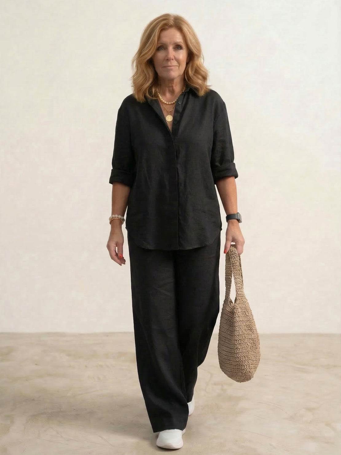 Dames co-ord set met oversized overhemd en wijd gesneden broek – casual tweedelige set van katoenmix