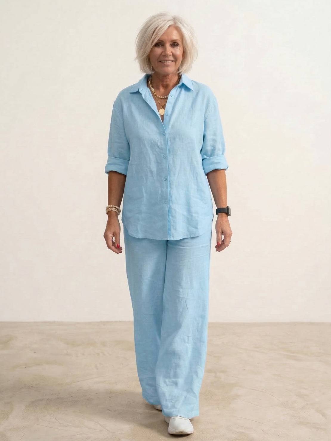 Dames co-ord set met oversized overhemd en wijd gesneden broek – casual tweedelige set van katoenmix