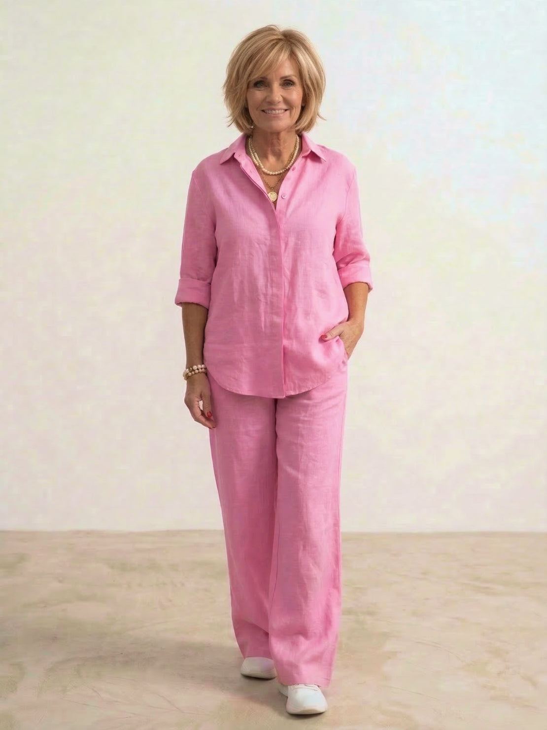Dames co-ord set met oversized overhemd en wijd gesneden broek – casual tweedelige set van katoenmix