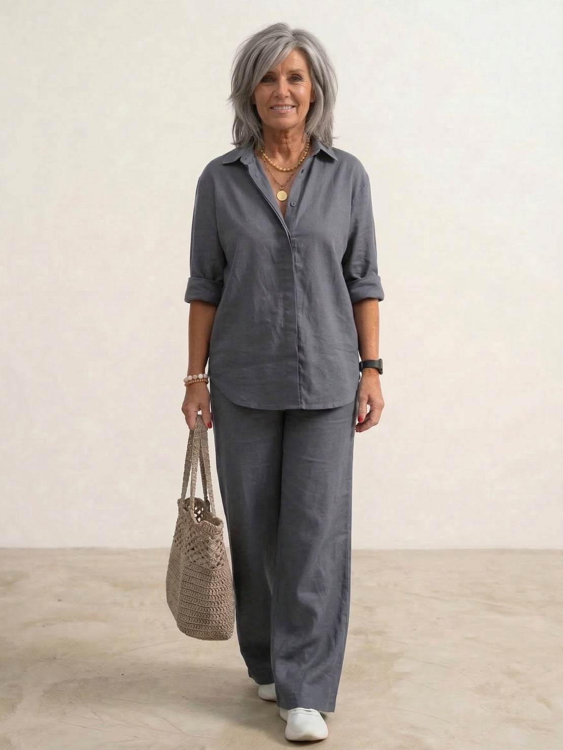 Dames co-ord set met oversized overhemd en wijd gesneden broek – casual tweedelige set van katoenmix