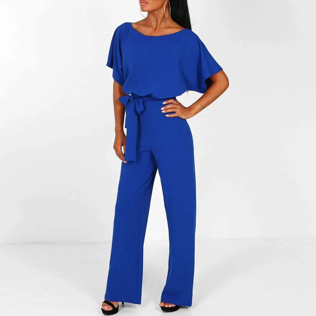 Dames Jumpsuit met Brede Pijpen - Korte Mouwen en Riem
