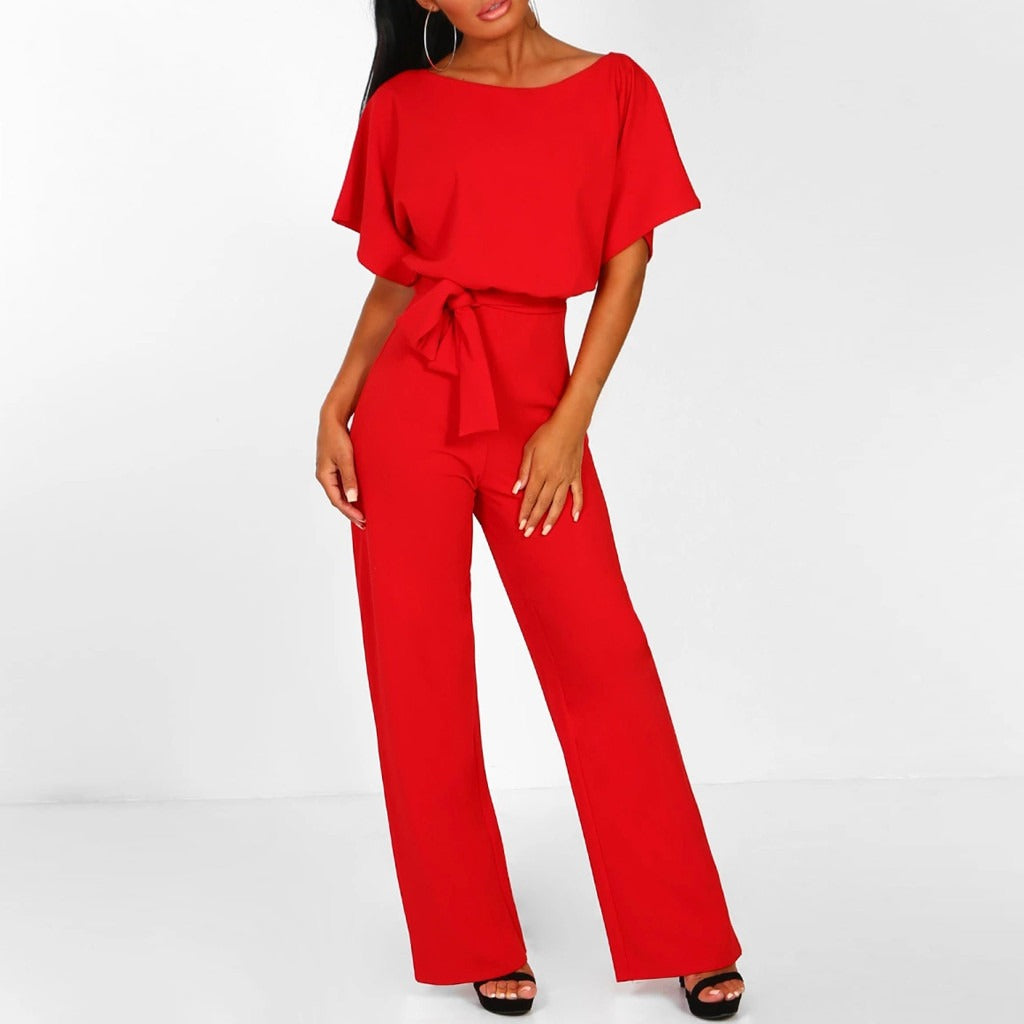 Dames Jumpsuit met Brede Pijpen - Korte Mouwen en Riem
