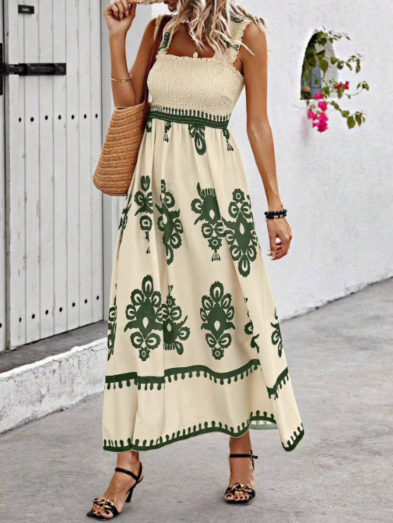 Dames maxi-jurk met gesmokt lijfje