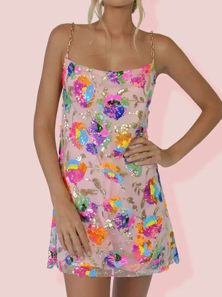 Dames mini-slipdress met bloemenmotief, open rug en kettingschouderbandjes