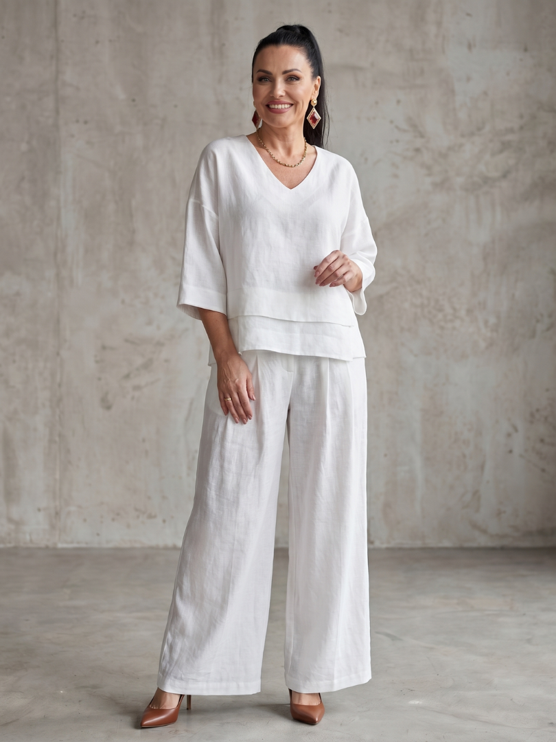 Dames set in laagjeslook met wijde pijpen