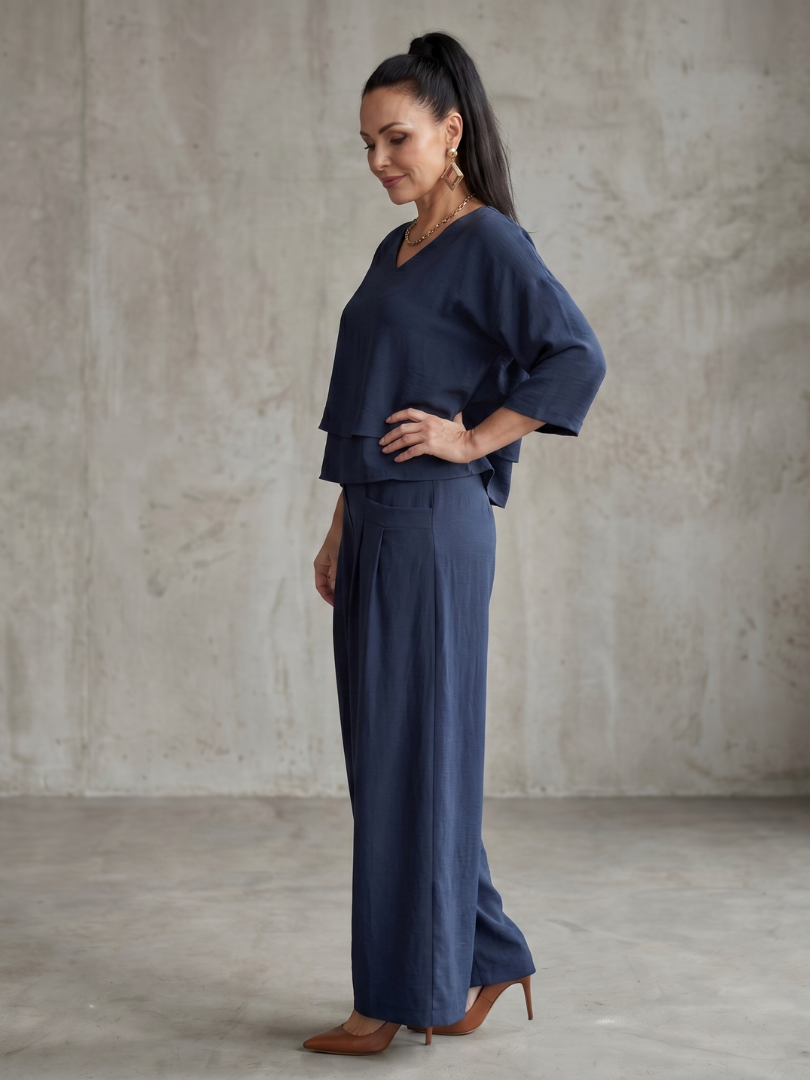 Dames set in laagjeslook met wijde pijpen