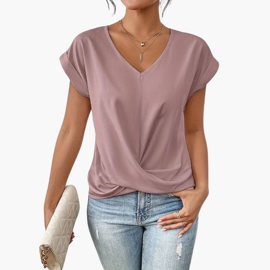 Dames T-shirt met V-hals en knoopdetail aan de voorkant
