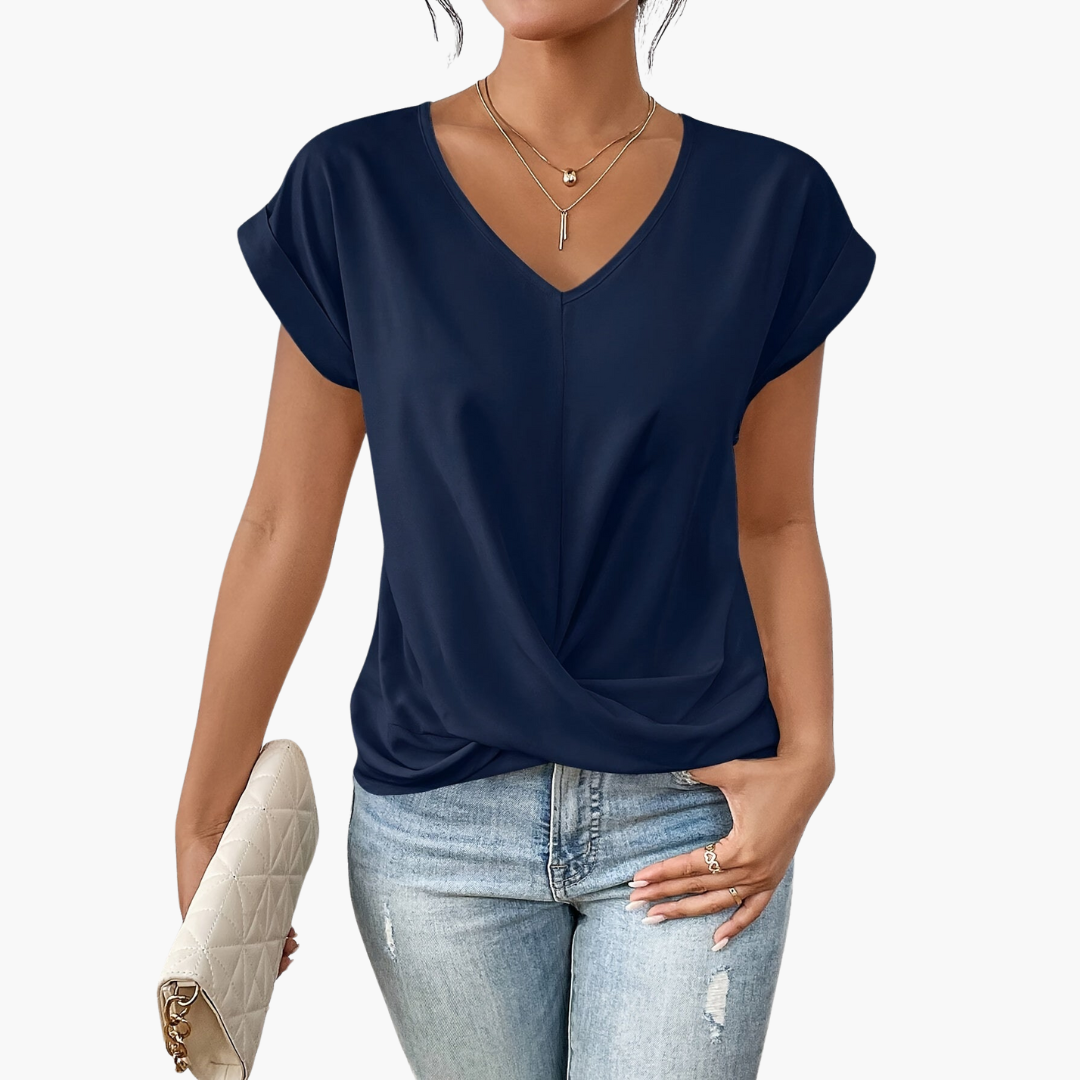 Dames T-shirt met V-hals en knoopdetail aan de voorkant