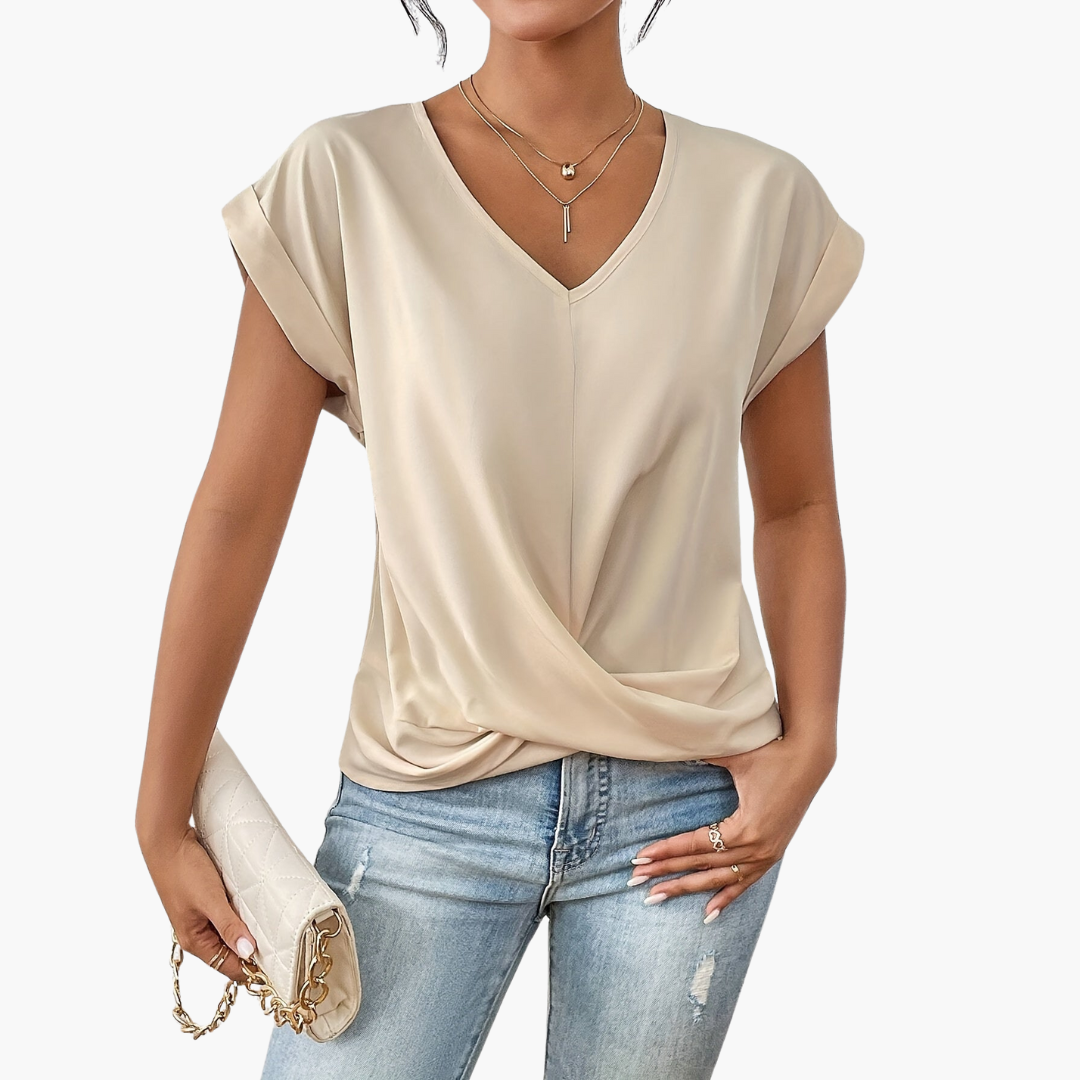 Dames T-shirt met V-hals en knoopdetail aan de voorkant