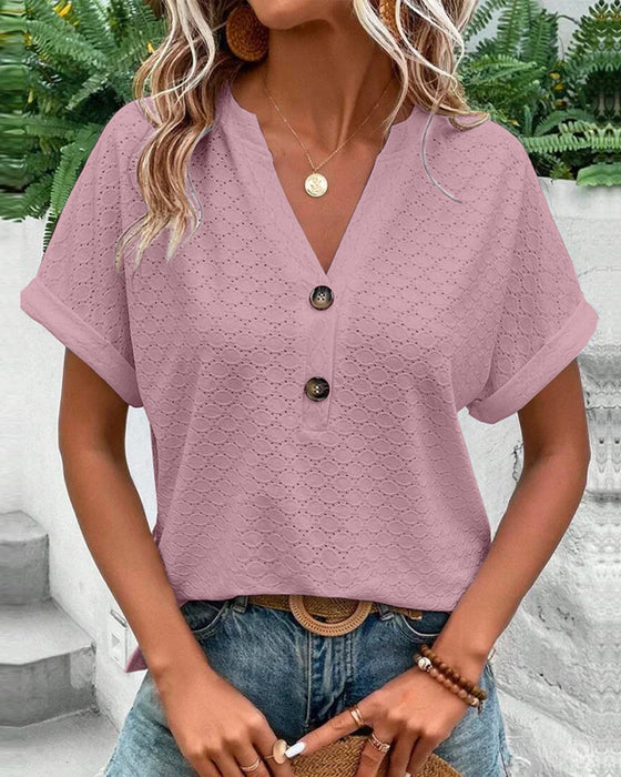 Damesblouse met korte mouwen, V-hals en knopen | Met reliëfstructuur
