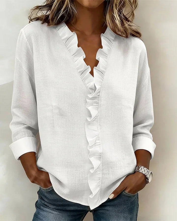 Damesblouse met lange mouwen, V-hals en roesjes