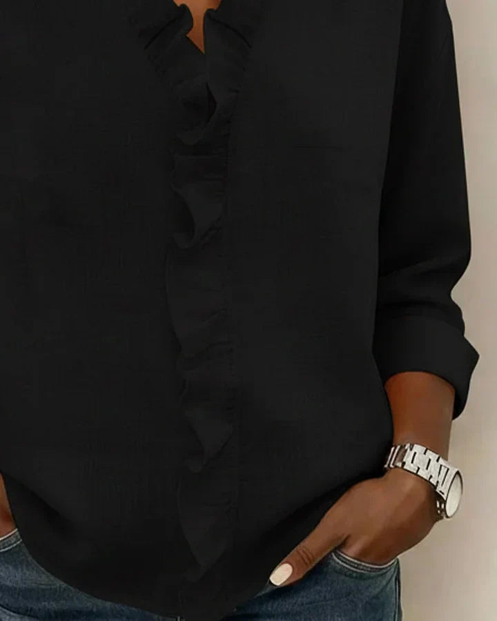 Damesblouse met lange mouwen, V-hals en roesjes