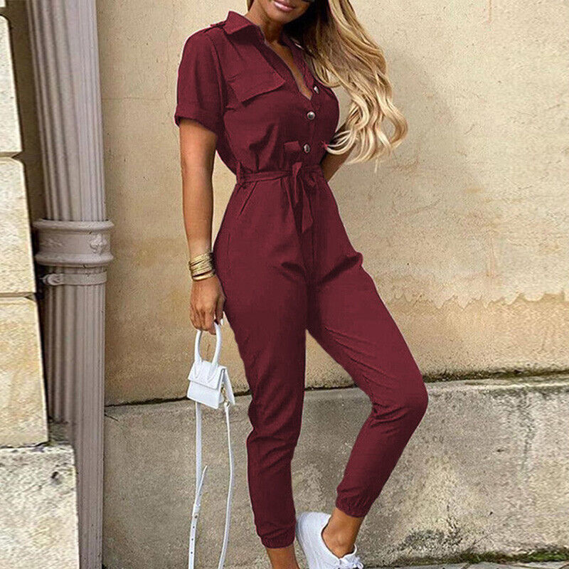 Damesjumpsuit met korte mouwen en riem