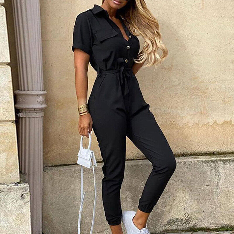 Damesjumpsuit met korte mouwen en riem