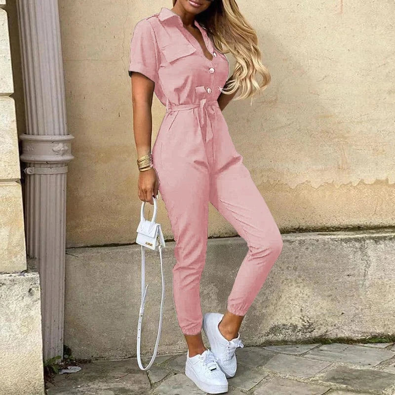 Damesjumpsuit met korte mouwen en riem