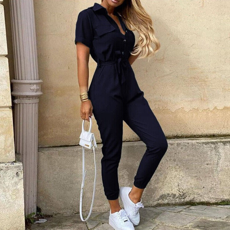 Damesjumpsuit met korte mouwen en riem