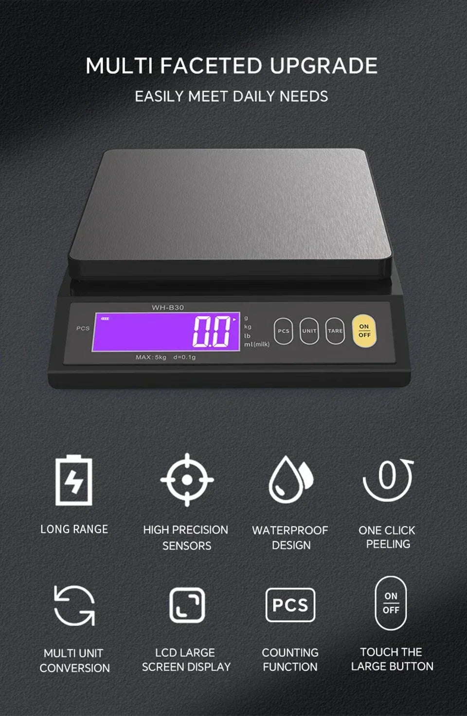 Digitale Elektronische Keukenweegschaal 5 kg/0,1 g en 10 kg/1 g, met Lcd-scherm, Volledig Waterdicht Roestvrijstalen Weeginstrument voor Bakkers