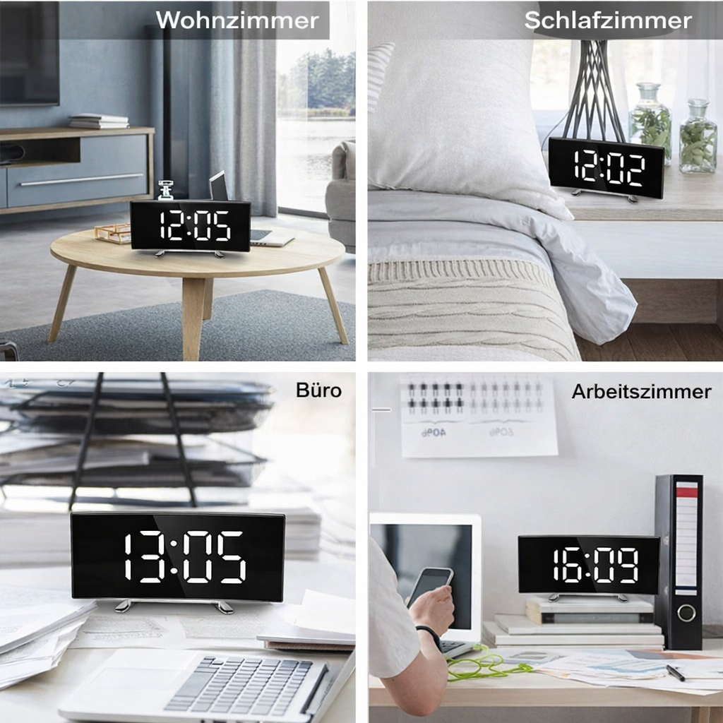 Digitale klok | LED spiegelwekker | Automatisch dimbaar en verblindingsvrij | Gebogen klok