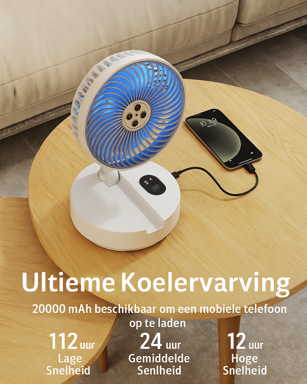 Draadloze ventilator – tot 24 uur koeling op één lading