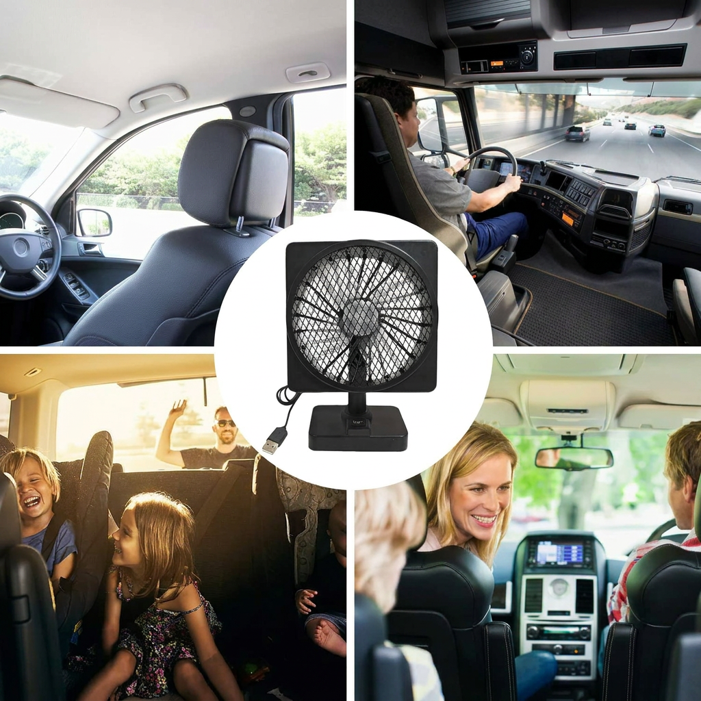 Draagbare 12V autoventilator met verneveling en 360° rotatie