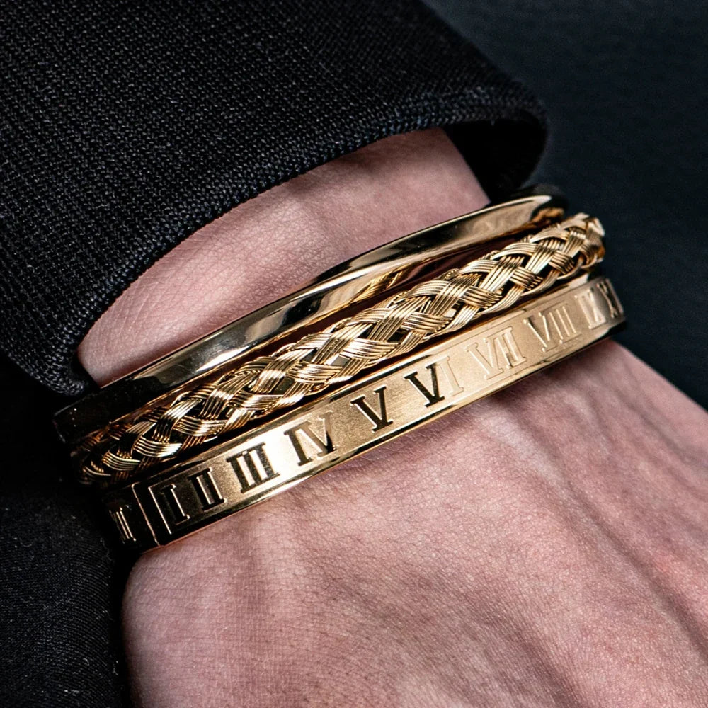 Driedelige Stalen Armbandenset met Romeinse Cijfers
