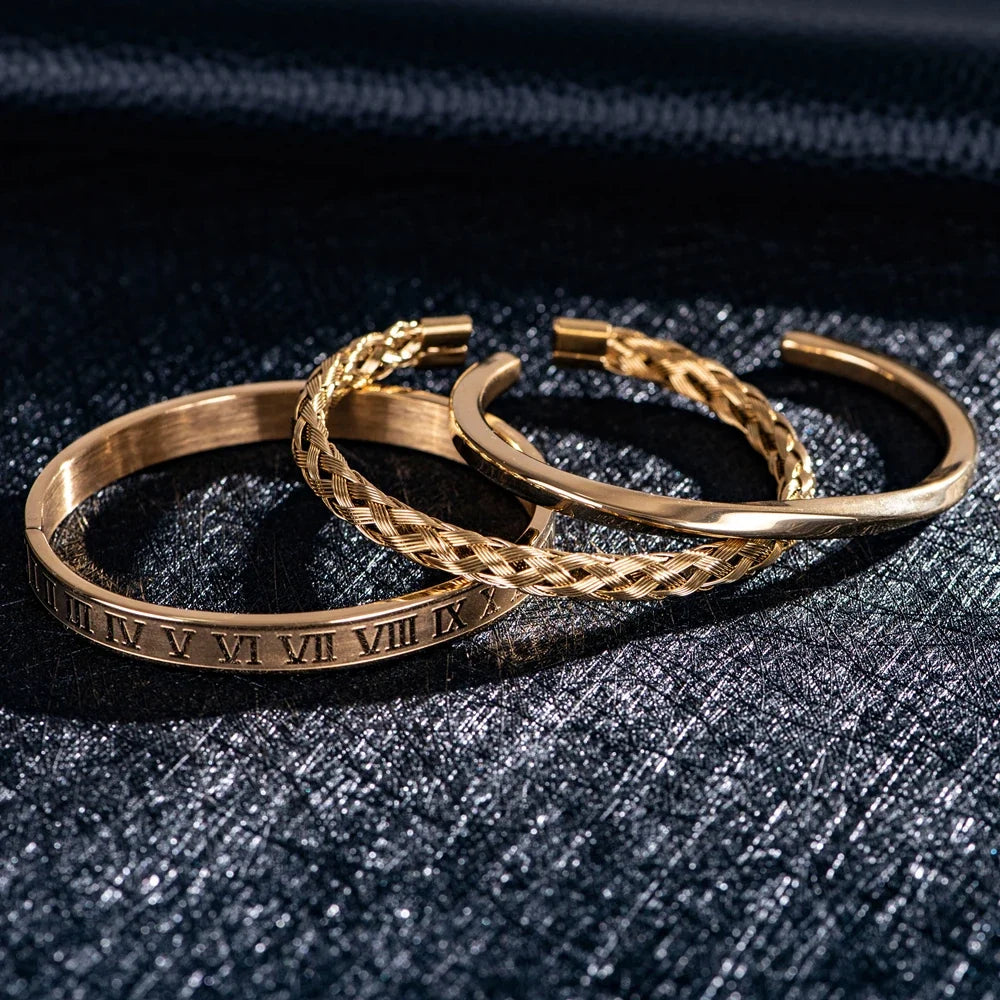 Driedelige Stalen Armbandenset met Romeinse Cijfers