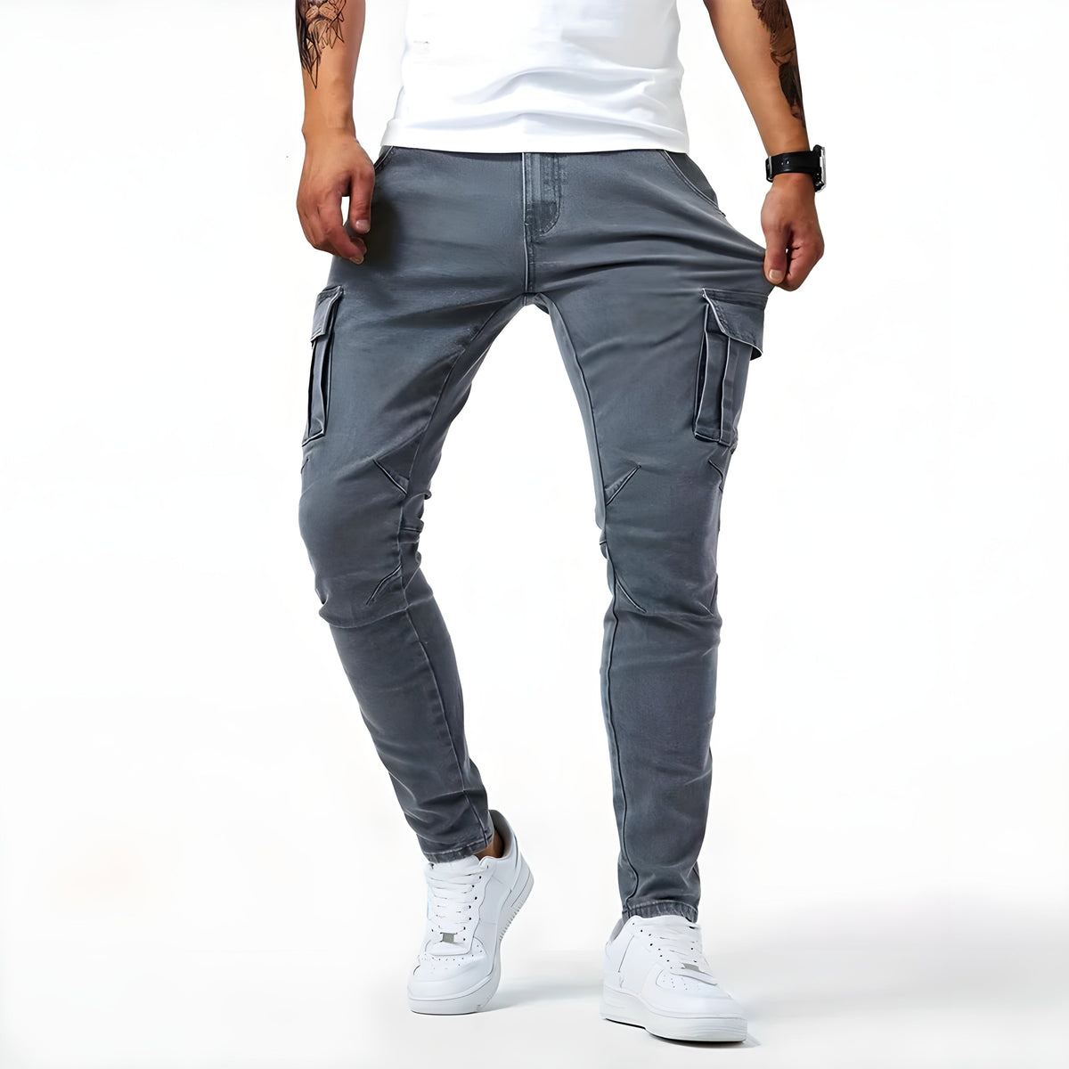 Elastische denim cargobroek