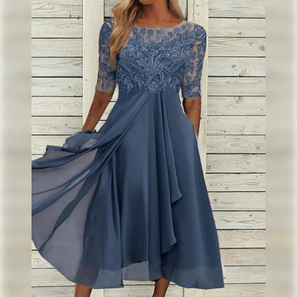 Elegante midi-jurk met kantdetail en soepelvallende rok voor feestelijke gelegenheden