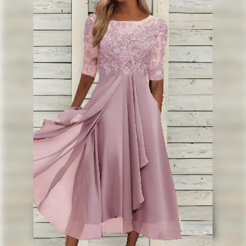 Elegante midi-jurk met kantdetail en soepelvallende rok voor feestelijke gelegenheden