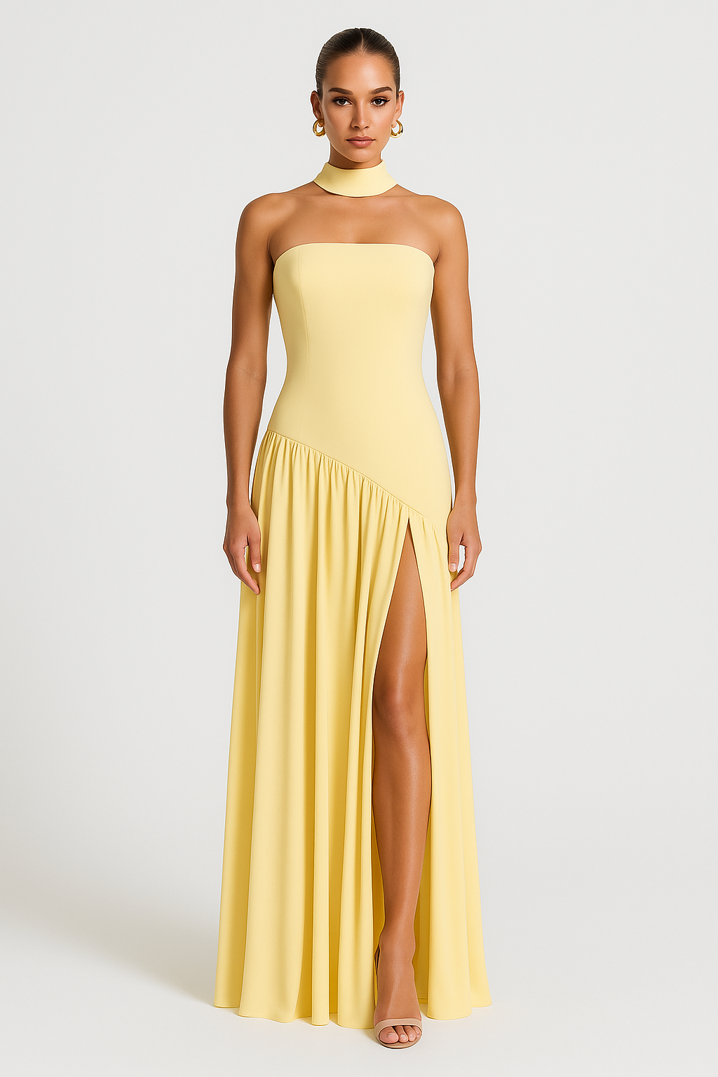 Elegante strapless jurk met hoge split