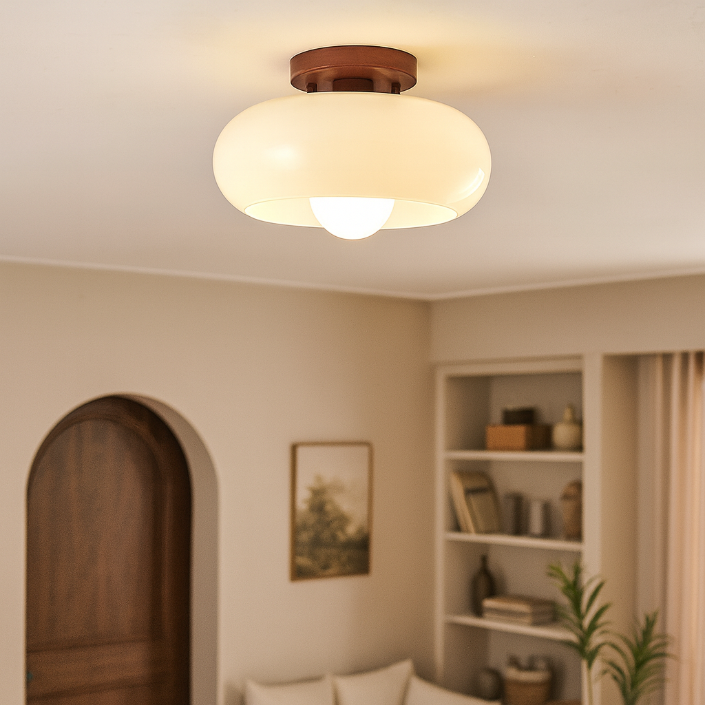 Franse Bauhaus plafonnière – warm sfeervol licht met houten detail