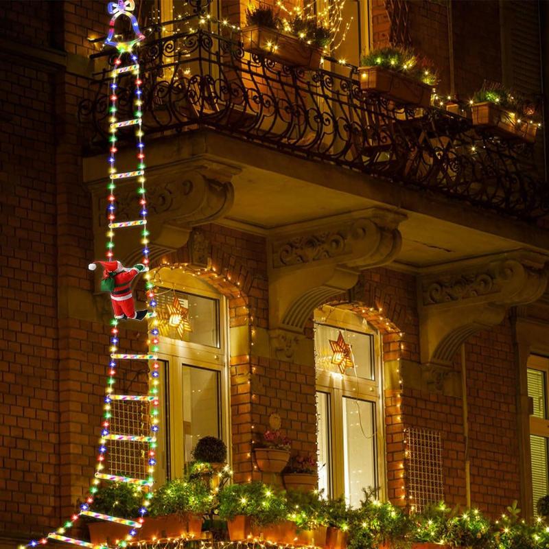 Geanimeerde kerstverlichting op ladder met klimmende Kerstman en afstandsbediening